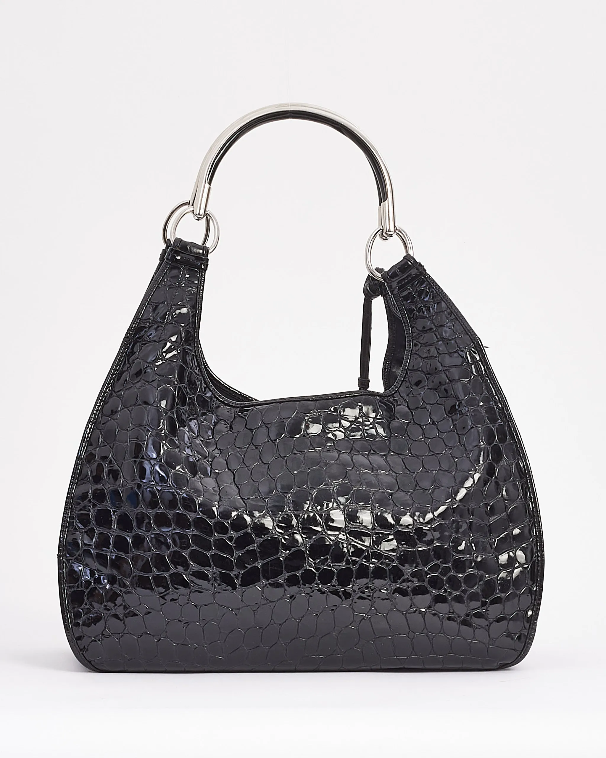 Dior Black Croc Embossed Patent Leather Hobo Bag