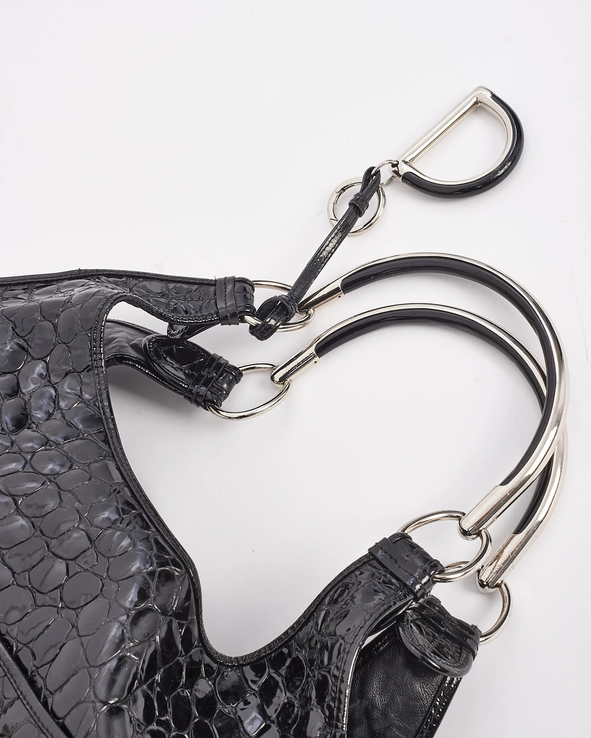 Dior Black Croc Embossed Patent Leather Hobo Bag