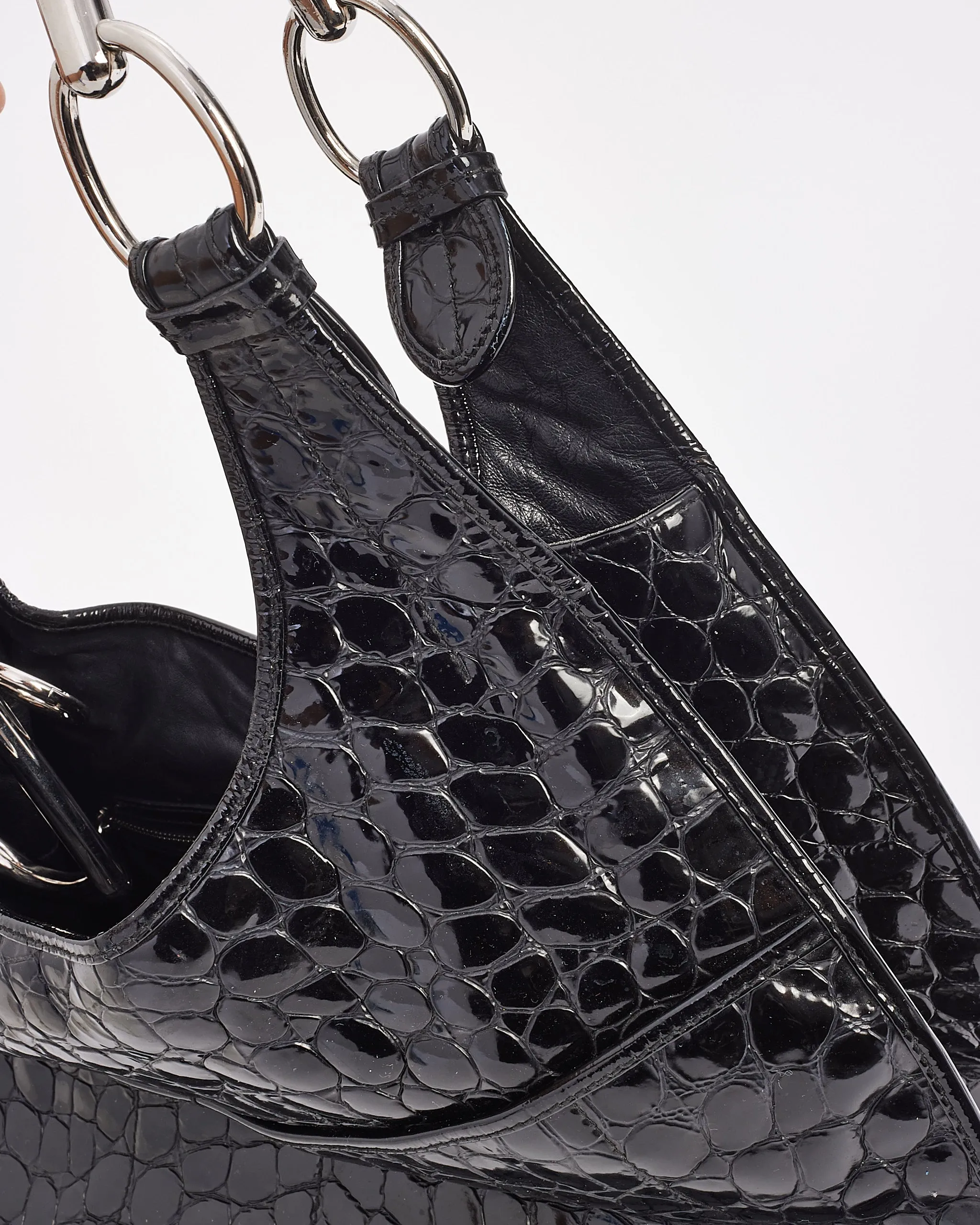 Dior Black Croc Embossed Patent Leather Hobo Bag