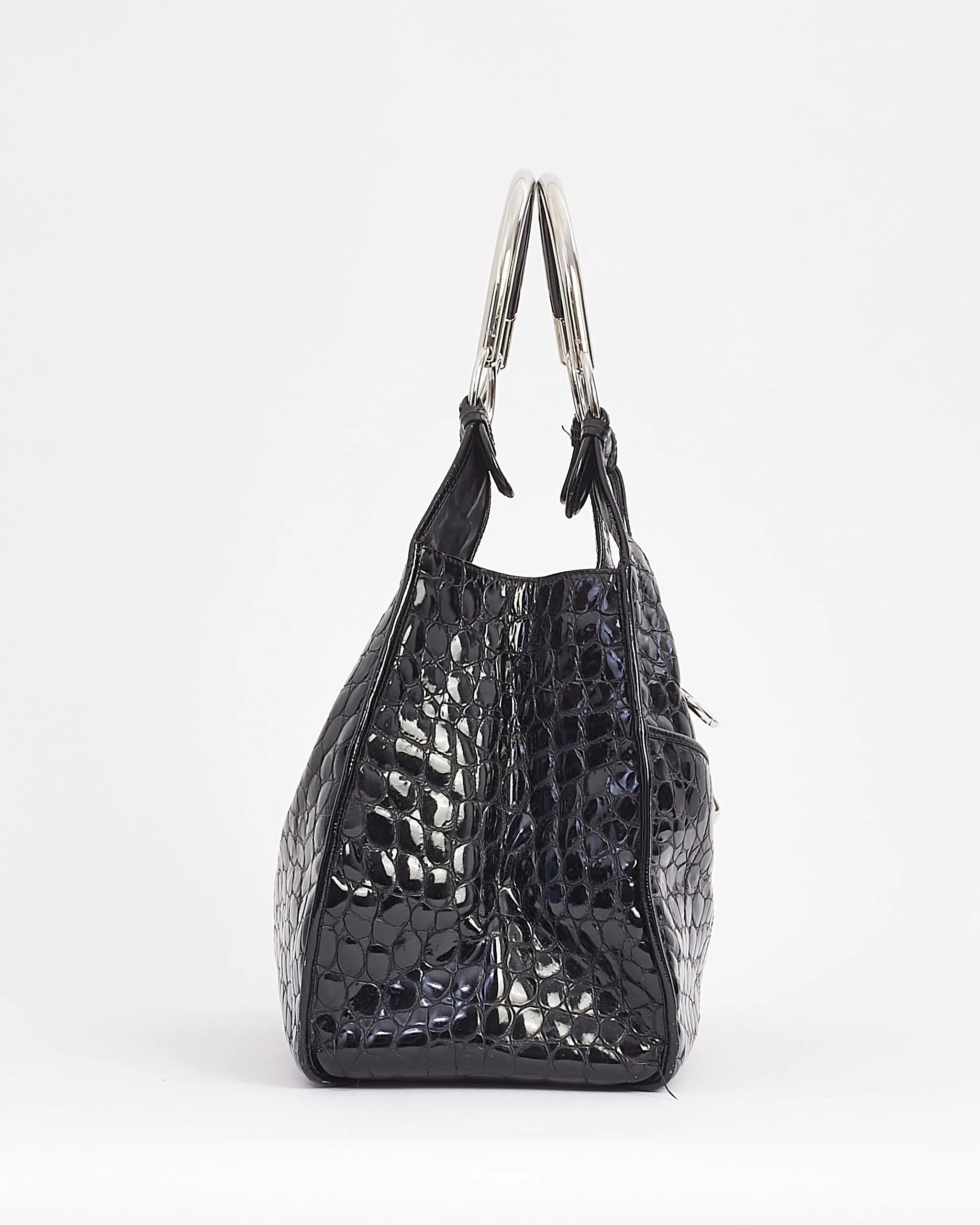 Dior Black Croc Embossed Patent Leather Hobo Bag