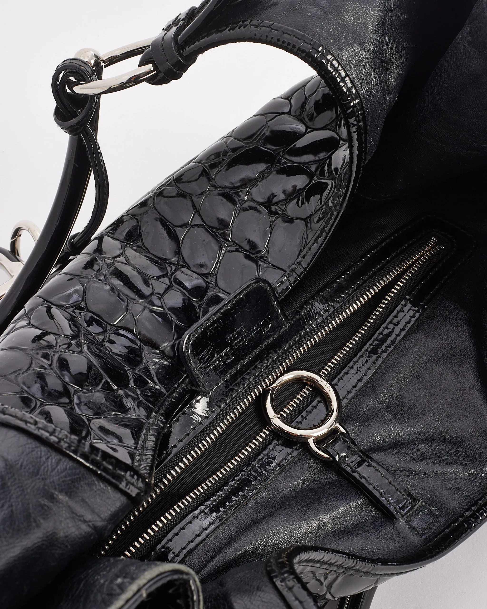Dior Black Croc Embossed Patent Leather Hobo Bag