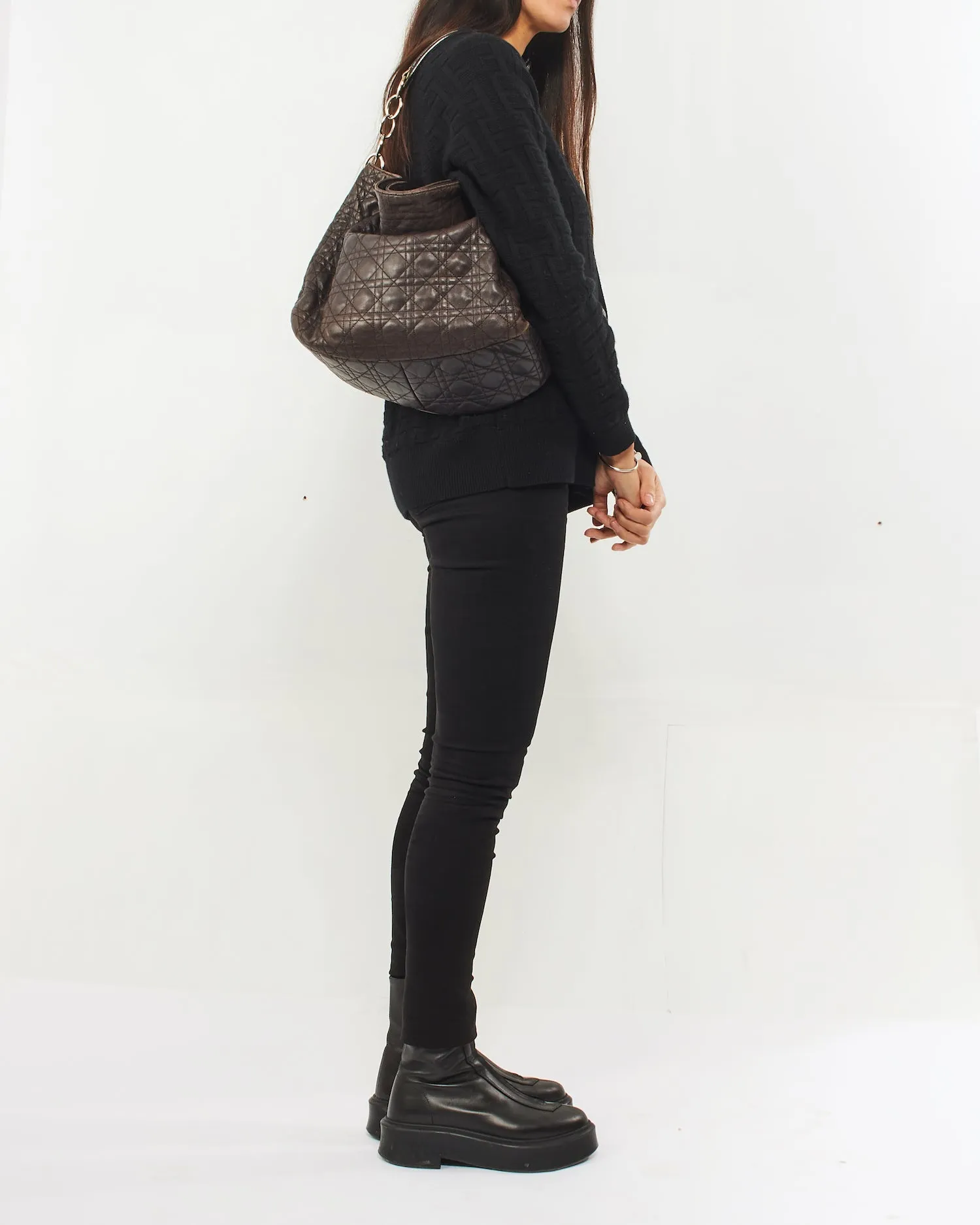 Dior Brown Lambskin Cannage Leather Soft Hobo Bag