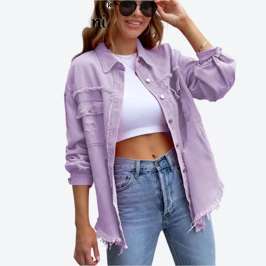 Distressed Button-Up Frayed Denim Jackets