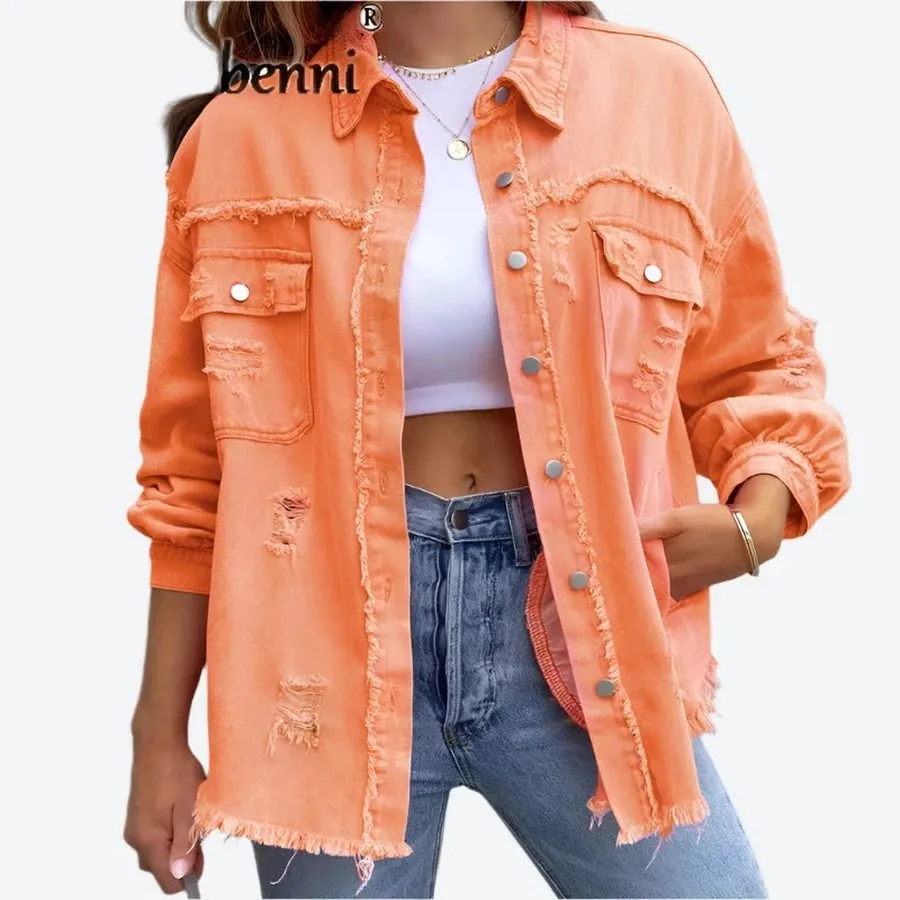 Distressed Button-Up Frayed Denim Jackets