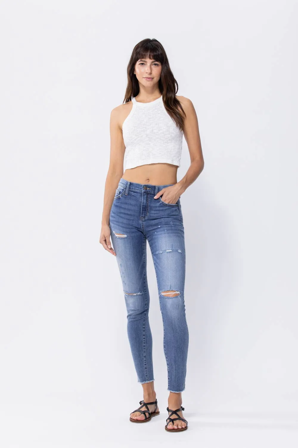 Distressed Mid Rise Skinny Jeans