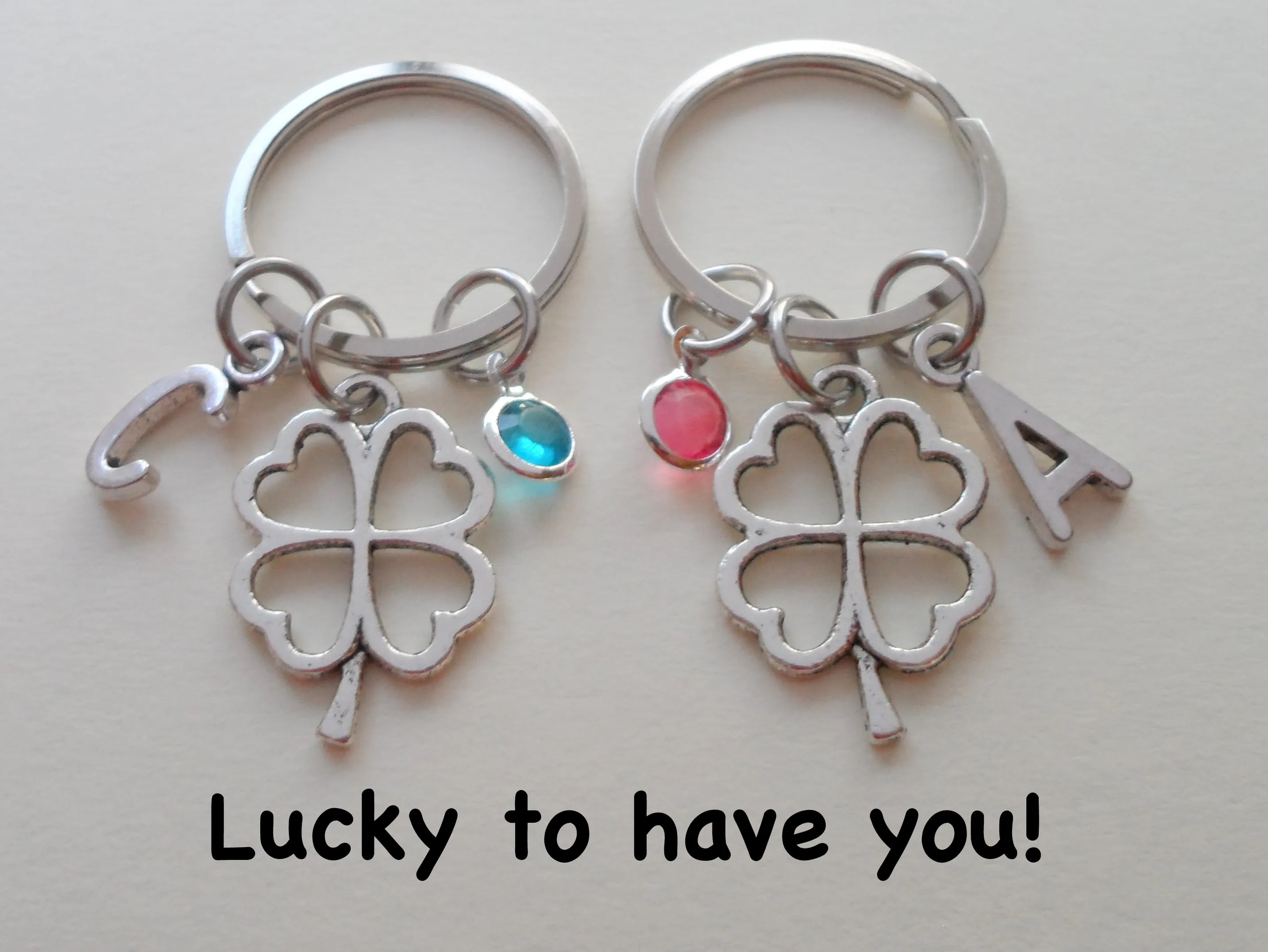 Double Clover Keychains with Personalized Letter Charms and Birthstone Charms- Lucky to Have You; Best Friend Keychains