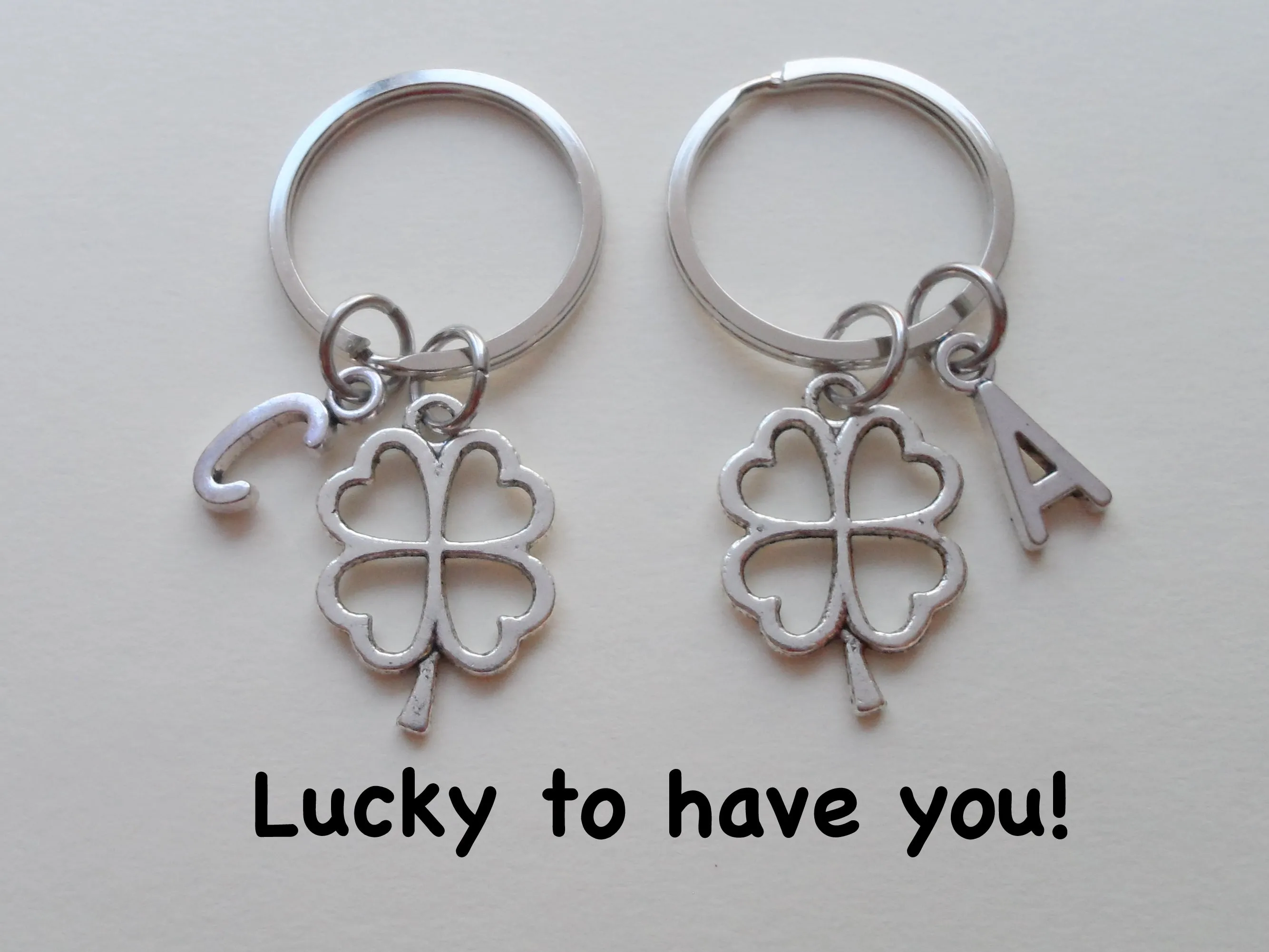 Double Clover Keychains with Personalized Letter Charms and Birthstone Charms- Lucky to Have You; Best Friend Keychains