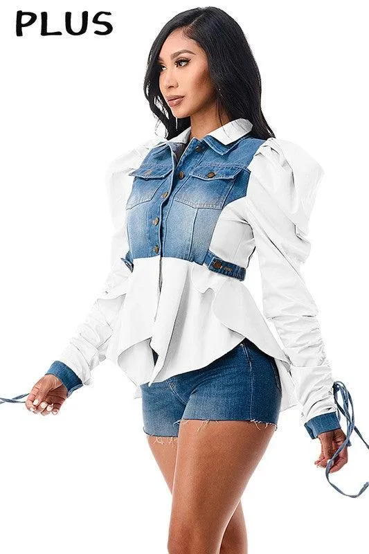 Double Collar Adjustable Tie Puff Long Sleeve Ruffle olive Denim Jacket