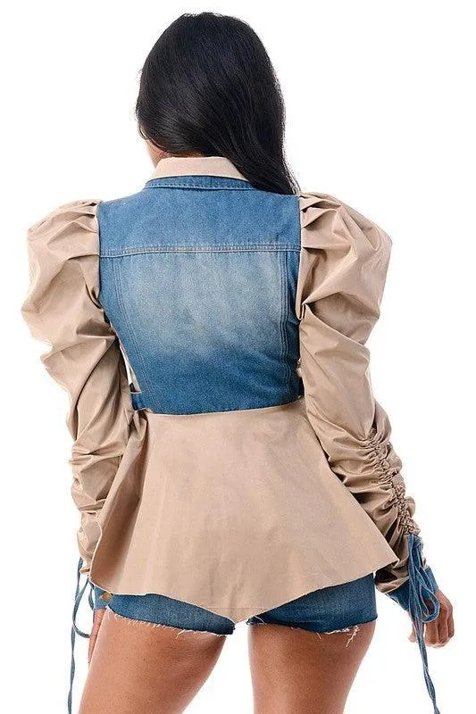 Double Collar Adjustable Tie Puff Long Sleeve Ruffle olive Denim Jacket