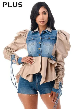 Double Collar Adjustable Tie Puff Long Sleeve Ruffle olive Denim Jacket