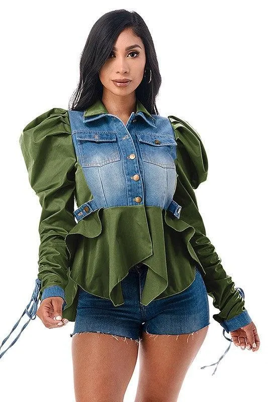 Double Collar Adjustable Tie Puff Long Sleeve Ruffle olive Denim Jacket
