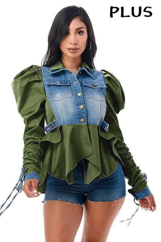 Double Collar Adjustable Tie Puff Long Sleeve Ruffle olive Denim Jacket