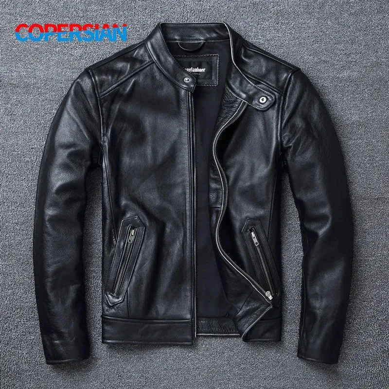 Edgy Motorcycle Jacket in Genuine Leather with Stand Collar