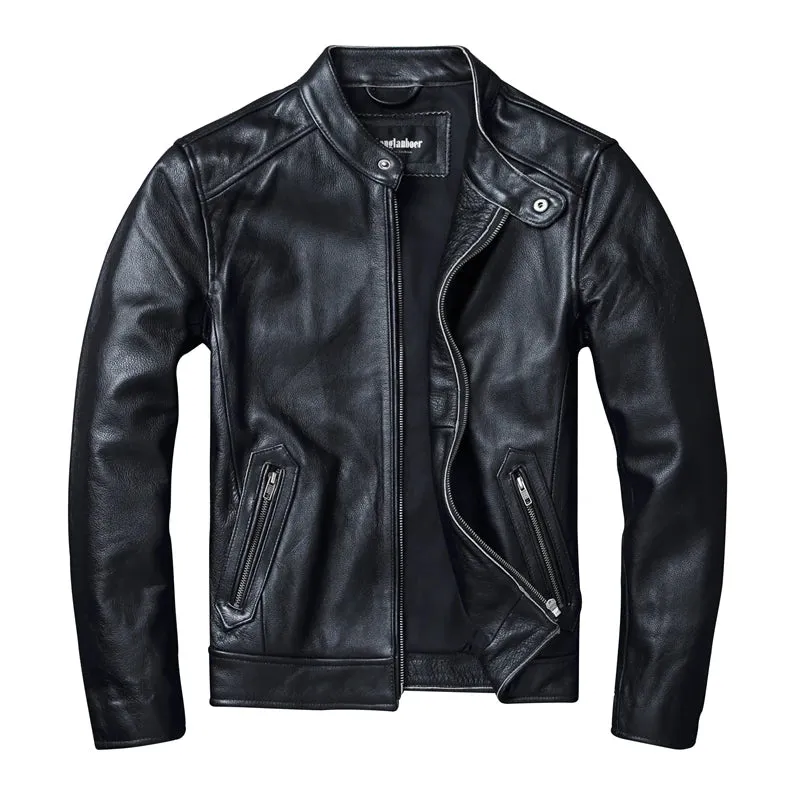 Edgy Motorcycle Jacket in Genuine Leather with Stand Collar