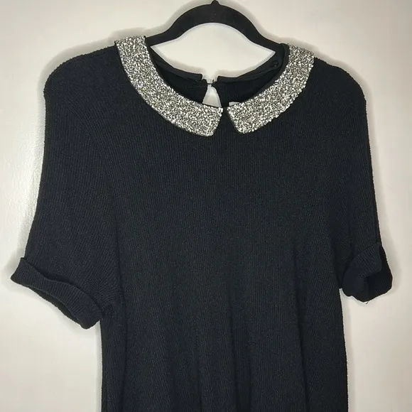ELLE‎ Women's Black Ribbed Short Sleeve Sweater Removable Sparkle Collar Size XL