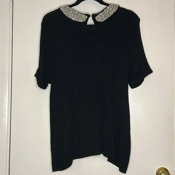ELLE‎ Women's Black Ribbed Short Sleeve Sweater Removable Sparkle Collar Size XL