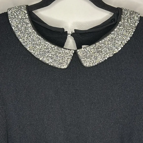 ELLE‎ Women's Black Ribbed Short Sleeve Sweater Removable Sparkle Collar Size XL