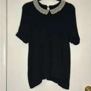 ELLE‎ Women's Black Ribbed Short Sleeve Sweater Removable Sparkle Collar Size XL