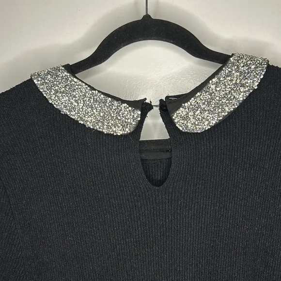 ELLE‎ Women's Black Ribbed Short Sleeve Sweater Removable Sparkle Collar Size XL