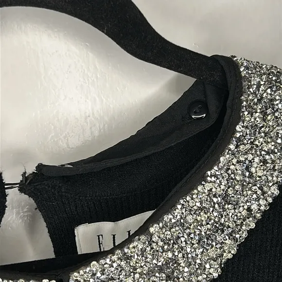 ELLE‎ Women's Black Ribbed Short Sleeve Sweater Removable Sparkle Collar Size XL