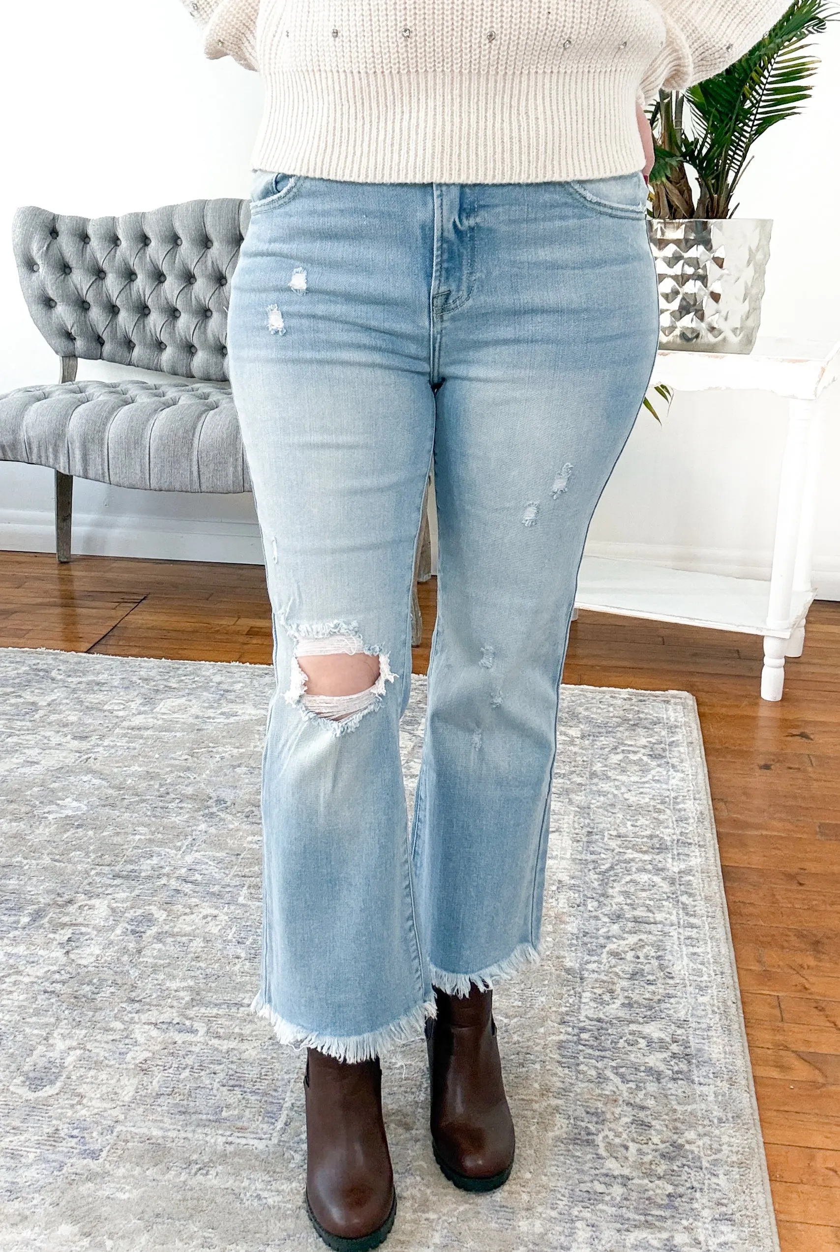 Elphie High Rise Crop Bootcut Frayed Risen Jeans - Light Wash