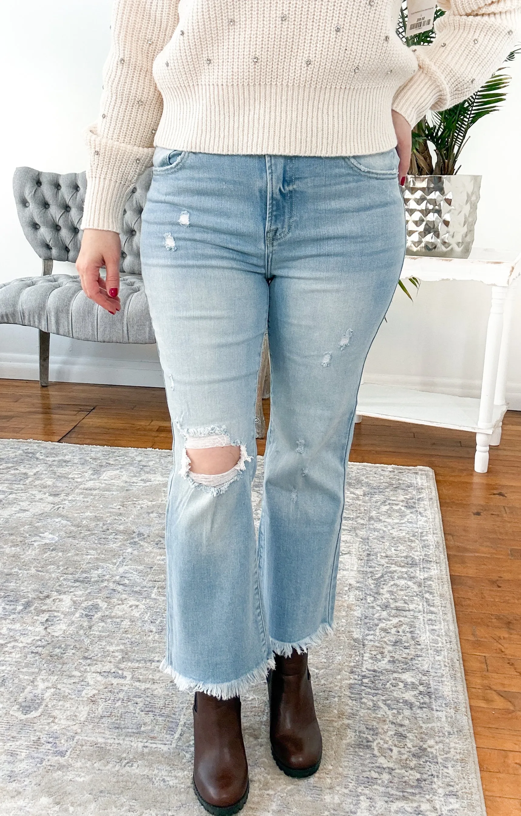 Elphie High Rise Crop Bootcut Frayed Risen Jeans - Light Wash