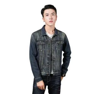 Embroidery Dark Blue Men's Denim Jacket Fashion Jeans Coats