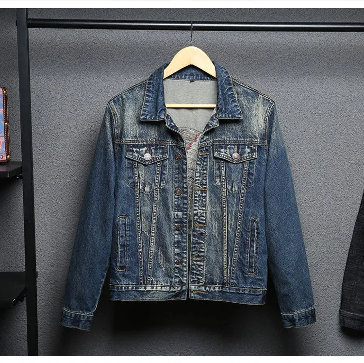 Embroidery Dark Blue Men's Denim Jacket Fashion Jeans Coats