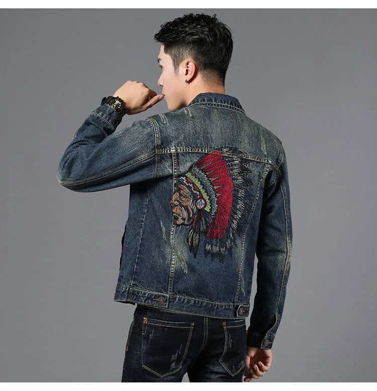 Embroidery Dark Blue Men's Denim Jacket Fashion Jeans Coats