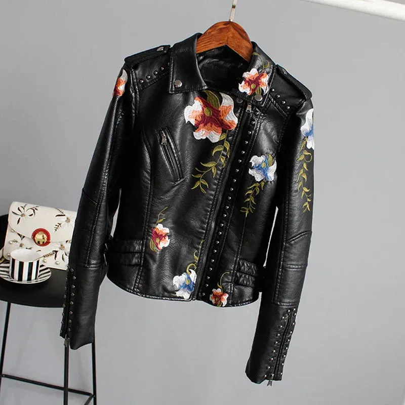 Embroidery Faux Soft Leather Rivet Jacket