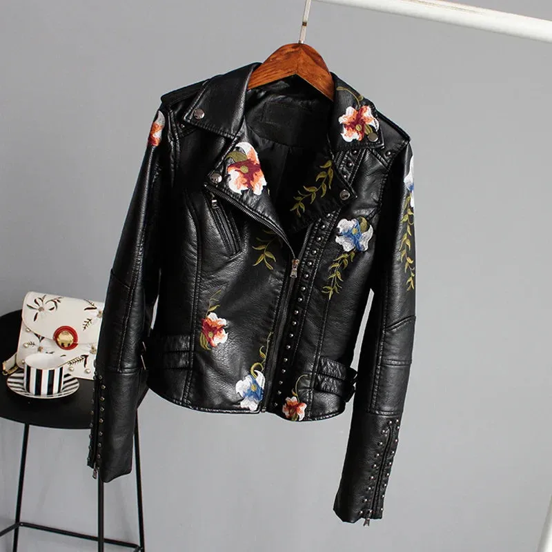 Embroidery Faux Soft Leather Rivet Jacket