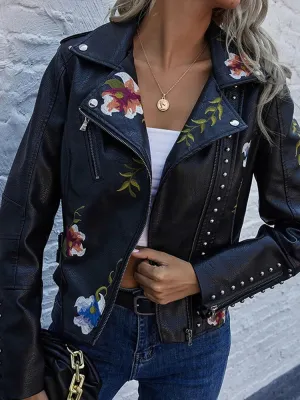 Embroidery Faux Soft Leather Rivet Jacket