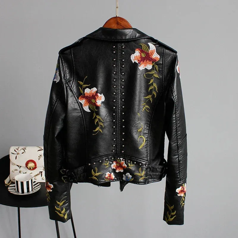 Embroidery Faux Soft Leather Rivet Jacket