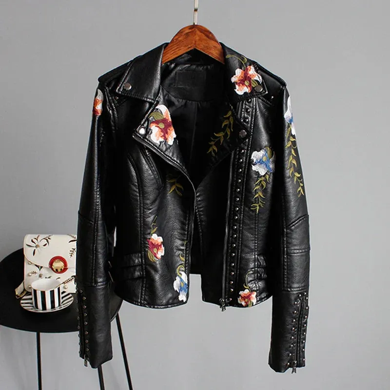 Embroidery Faux Soft Leather Rivet Jacket
