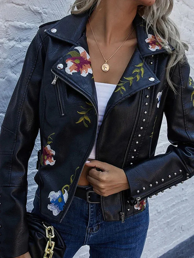 Embroidery Faux Soft Leather Rivet Jacket