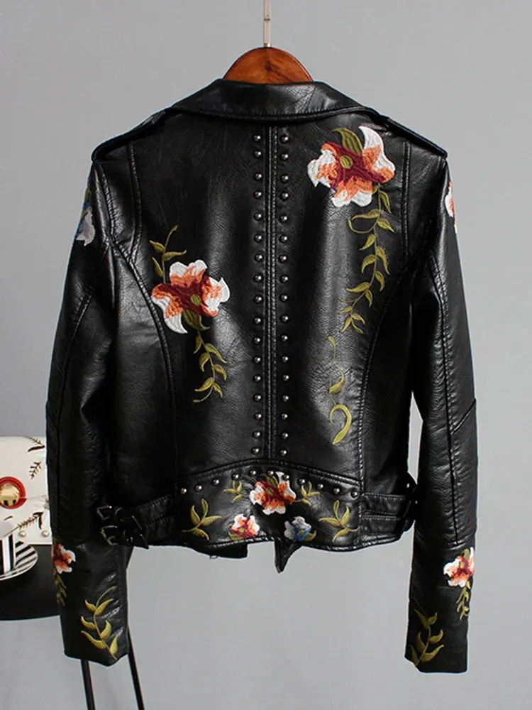 Embroidery Faux Soft Leather Rivet Jacket