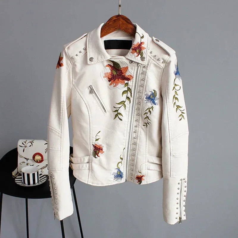 Embroidery Faux Soft Leather Rivet Jacket