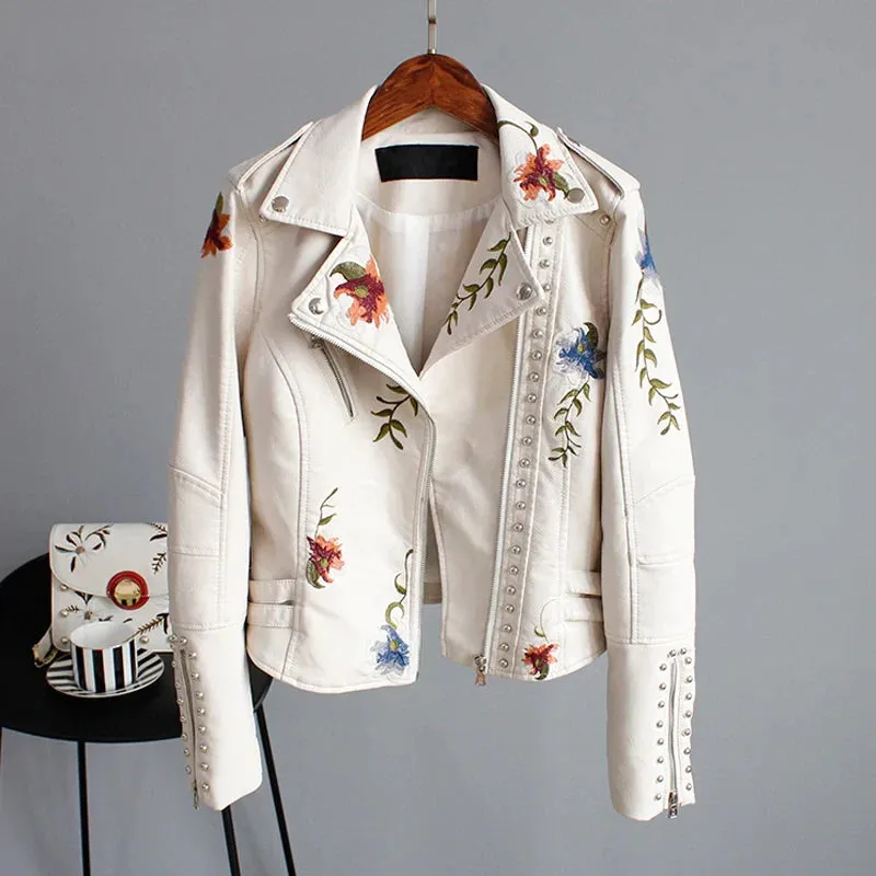 Embroidery Faux Soft Leather Rivet Jacket