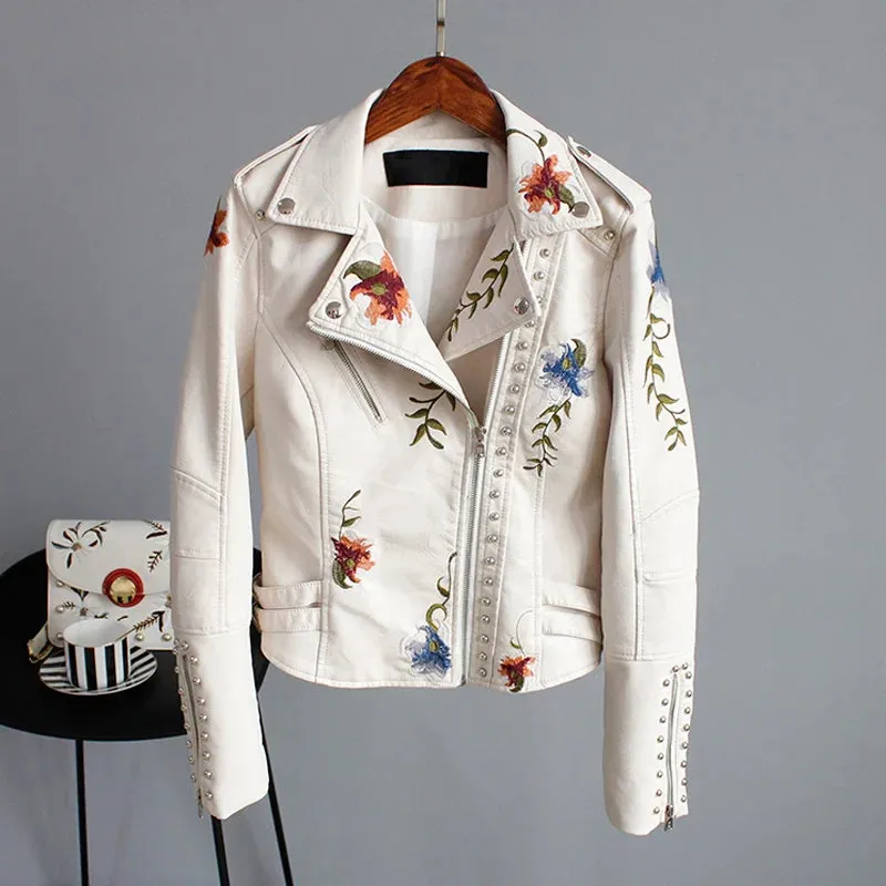 Embroidery Faux Soft Leather Rivet Jacket