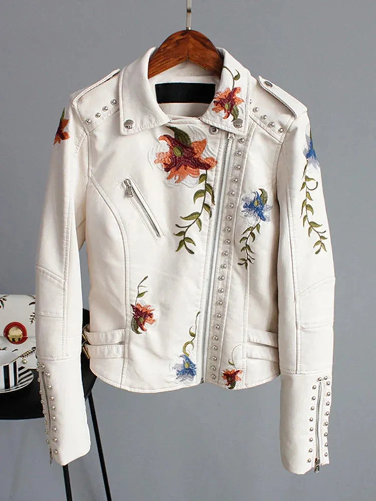Embroidery Faux Soft Leather Rivet Jacket