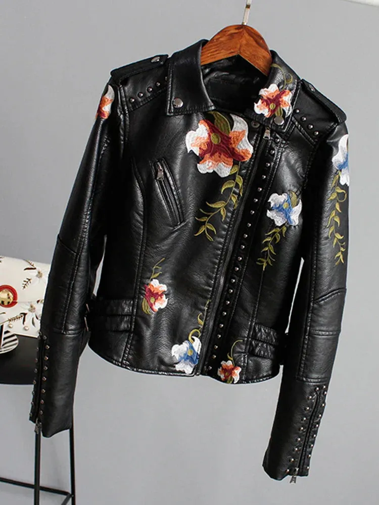 Embroidery Faux Soft Leather Rivet Jacket