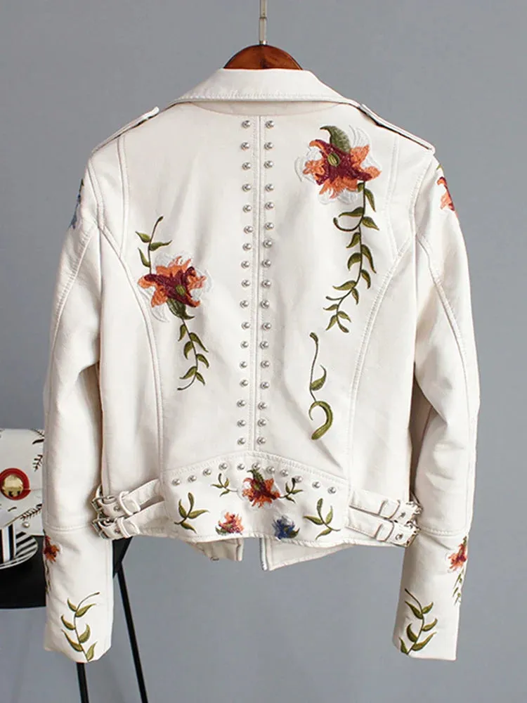 Embroidery Faux Soft Leather Rivet Jacket
