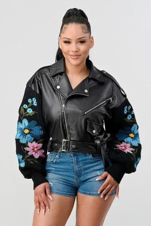EMBROIDERY FLORAL SLEEVE FAUX LAETHER  JACKET