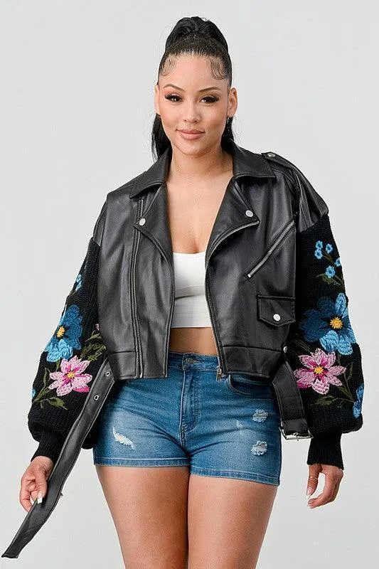 EMBROIDERY FLORAL SLEEVE FAUX LAETHER  JACKET