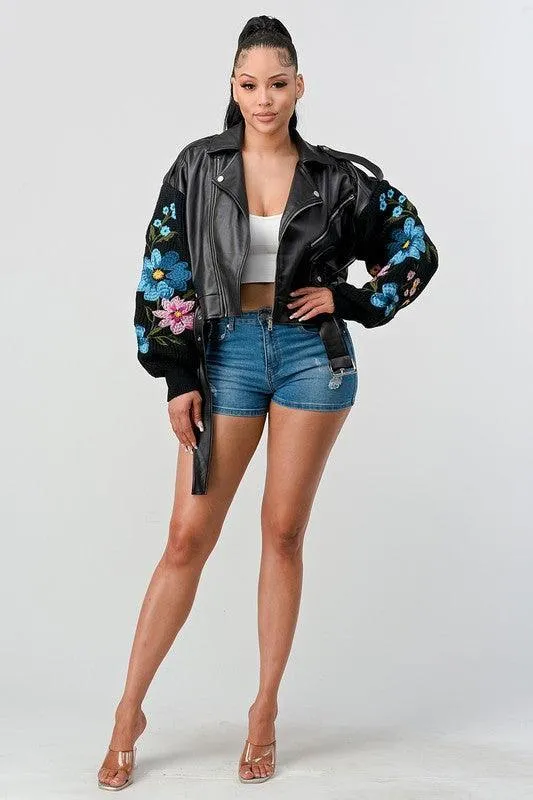 EMBROIDERY FLORAL SLEEVE FAUX LAETHER  JACKET