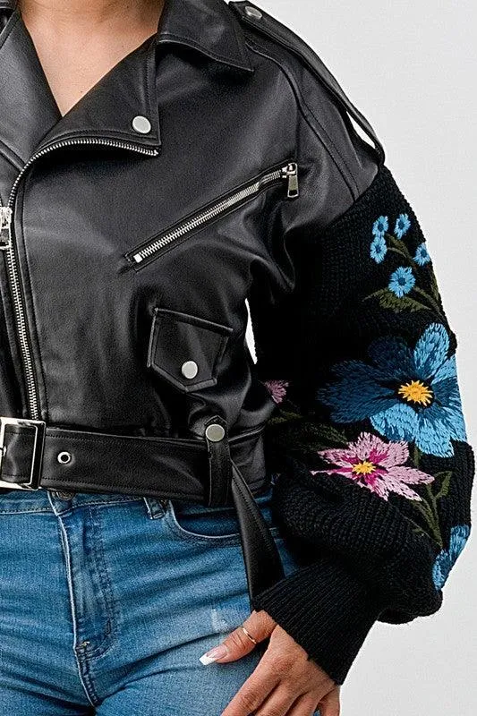 EMBROIDERY FLORAL SLEEVE FAUX LAETHER  JACKET
