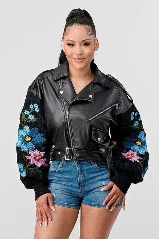 EMBROIDERY FLORAL SLEEVE FAUX LAETHER  JACKET