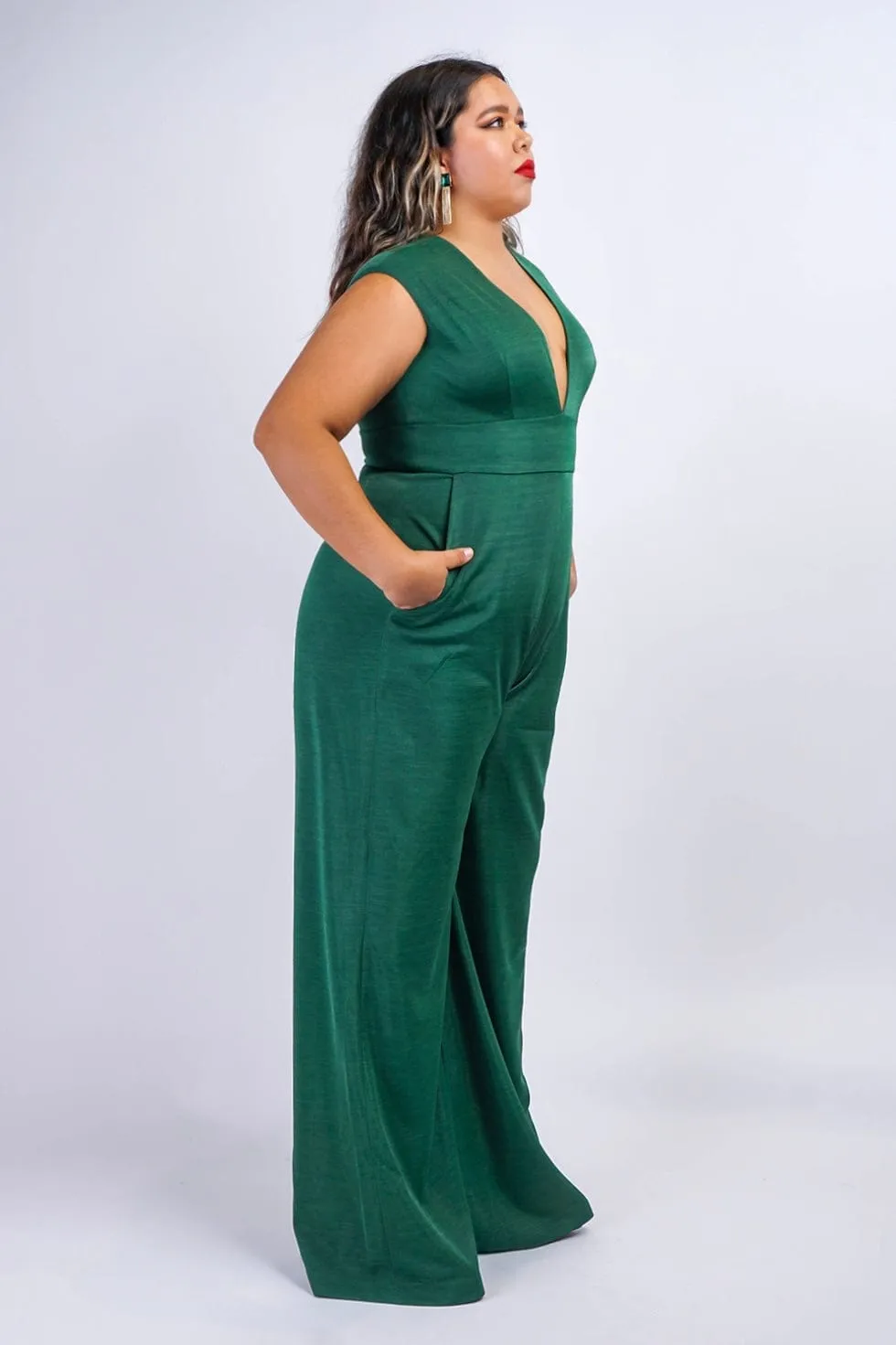 Emerald Luxe Sheen V Neck Aiden Jumpsuit