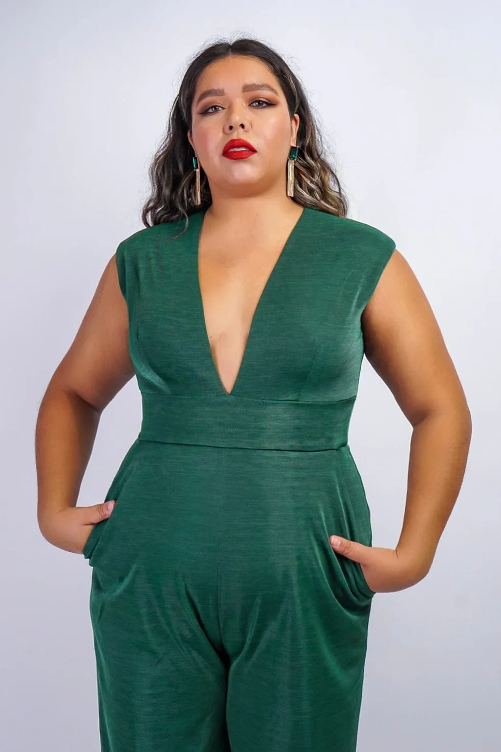 Emerald Luxe Sheen V Neck Aiden Jumpsuit
