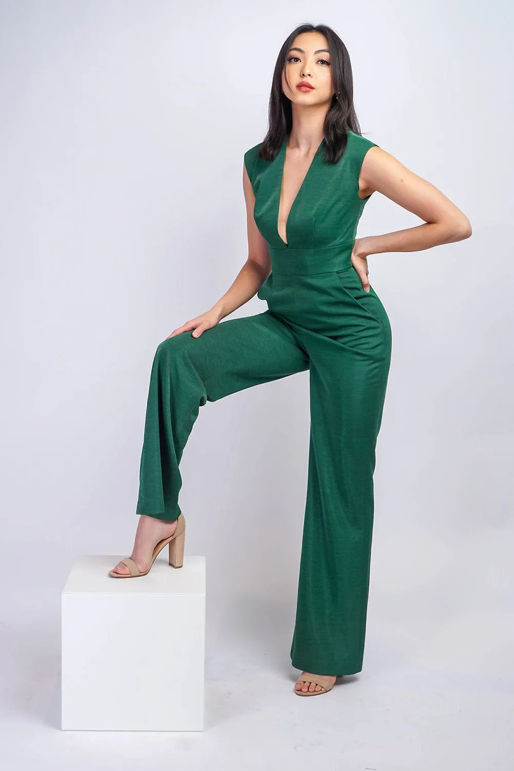 Emerald Luxe Sheen V Neck Aiden Jumpsuit